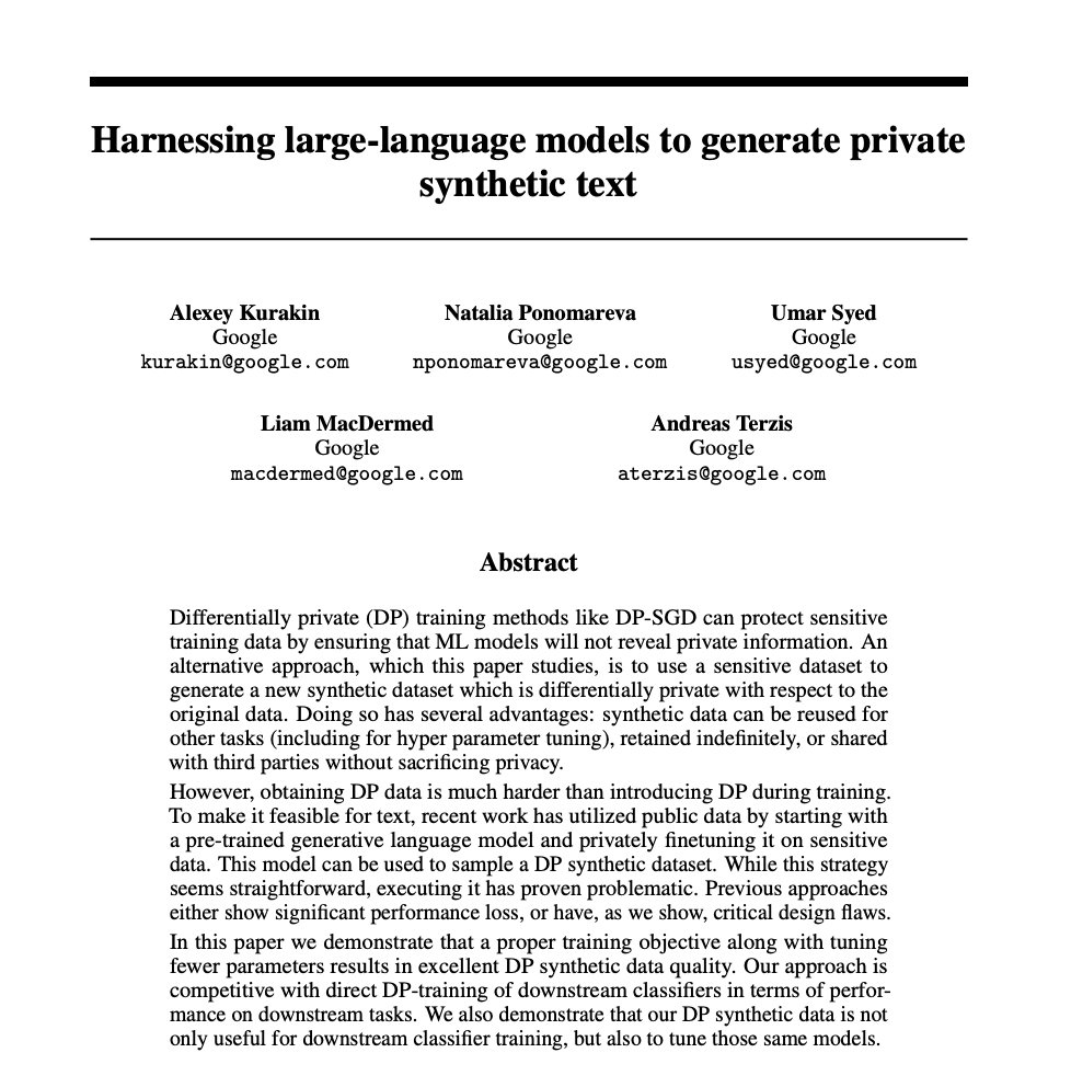 _akhaliq's tweet image. Harnessing large-language models to generate private synthetic text

paper page: huggingface.co/papers/2306.01…

Differentially private (DP) training methods like DP-SGD can protect sensitive training data by ensuring that ML models will not reveal private information. An alternative…
