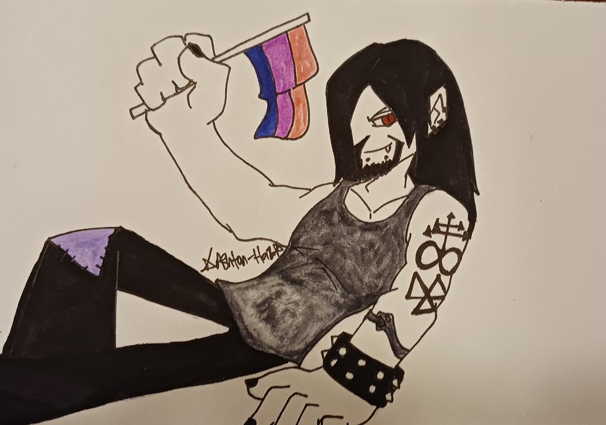 Day 4 of Pride Month!!! Here's Slash aka Alex Bennington. A metalhead vampire who's Bi as fuck and would give you a tattoo for the right price that is 😉
#PrideMonth #metalhead #vampire #tankmen #tankmenoc #newgrounds #bipride #ArtistOnTwitter #originalcharacter #ocart