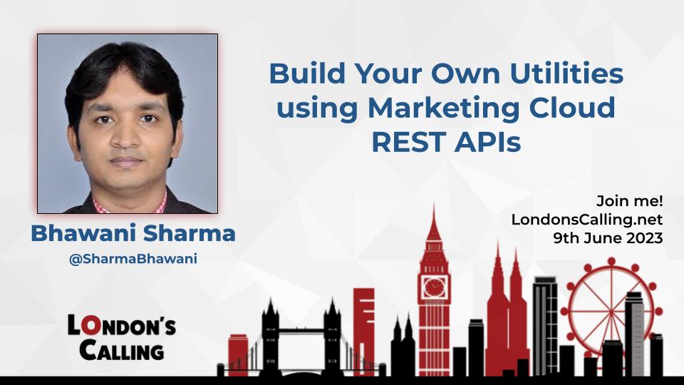 Bhawani Sharma (@sharmabhawani) on Twitter photo This Friday only <a href="/LDNsCall/">Londons Calling</a>! Join me at 4:25 PM in Queen's Vault to see how we can build utilities for Salesforce Marketing Cloud using APIs.
#LDNsCall #LC23 This Friday only <a href="/LDNsCall/">Londons Calling</a>! Join me at 4:25 PM in Queen's Vault to see how we can build utilities for Salesforce Marketing Cloud using APIs.
#LDNsCall #LC23