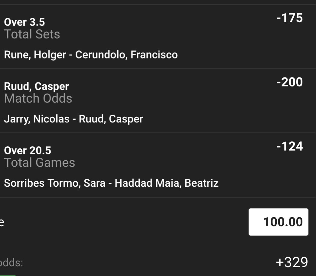 +350 TENNIS PARLAY

🎾RUUD WIN
🎾SORRIBES TORMO O20.5 
🎾RUNE O3.5 SETS

Been killing these personally and will keep posting them if you  want 

Sending $50 to one of you that

Like and RT

#gamblingtwitter #FrenchOpen