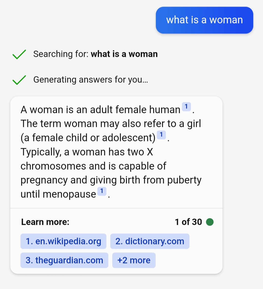 dailey_don's tweet image. What is a Woman?

Bing AI is smarter than the Woke Generation.
#WhatIsAWoman