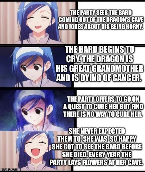 MemesDnd's tweet photo. Great Grandma thought it was hysterical and kept calling the bard her “ piece on the side” 🤣. May she RIP. 🙏❤️
🧙🏻‍♂️⚔️😂
credit: Nepalman230
#dnd #dnd5e #criticalrole https://t.co/wrLtbjVFnQ