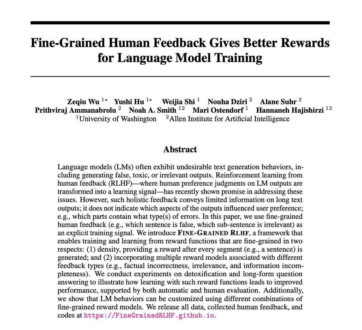 Fine-Grained Human Feedback Gives Better Rewards for Language Model Training

paper page: huggingface.co/papers/2306.01…

use fine-grained human feedback (e.g., which sentence is false, which sub-sentence is irrelevant) as an explicit training signal. We introduce Fine-Grained RLHF, a…