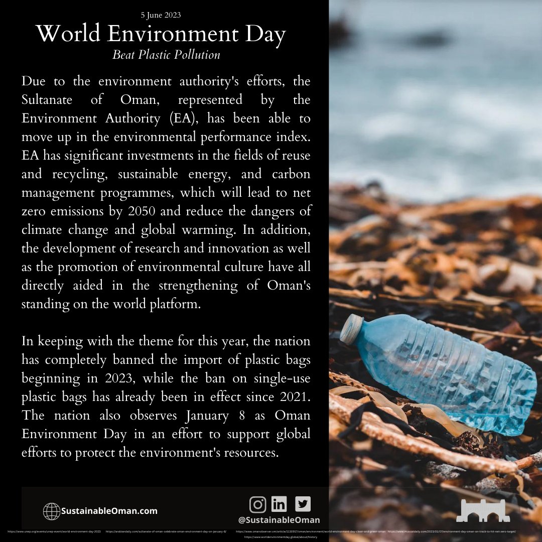 SustainableOman's tweet photo. World Environment Day, a platform for encouraging positive change on a worldwide scale, strives to honour environmental action and the capacity of individuals to build a sustainable future. 

#BeatPlasticPollution #worldenvironmentday https://t.co/5Xk6qAMTvL