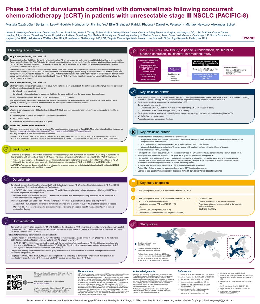 TPS8609: Phase 3 trial of durvalumab combined with domvanalimab (AB154, anti-TIGIT) following concurrent chemoradiotherapy in patients with unresectable stage III NSCLC (PACIFIC-8, NCT05211895) by @AlexSpiraMDPhD. #ASCO23 #LCSM