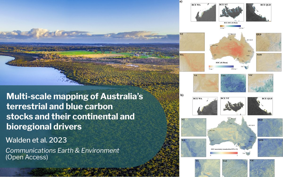 📣 New paper combining terrestrial and #bluecarbon ecosystem datasets and using multi-scale machine learning to digitally map Australia’s soil carbon stocks and understand drivers of variation– check it out (open access) at nature.com/articles/s4324…