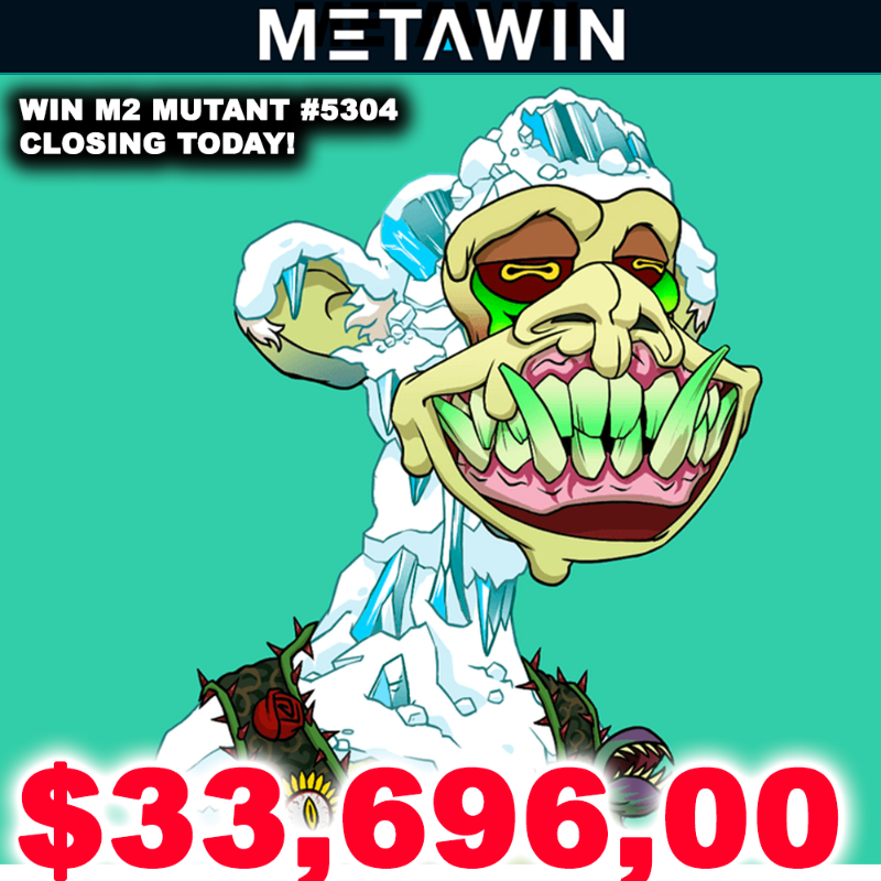 MetaWin's tweet photo. CLOSING TODAY! ⚠️

Win M2 Mutant Ape Yacht Club 5304 worth $33,000 Today at MetaWin.

Final Entries Please: https://t.co/xMcKnWQ6fx