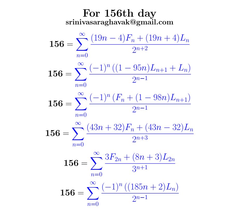 SrinivasR1729's tweet image. On the 156th day of the year, we can depict the number 156 using these sophisticated summations.
#mathematics #Today #Mathtwitter