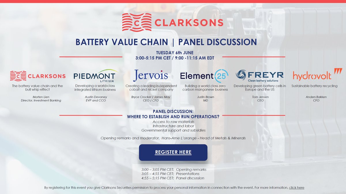 Jervois_Global's tweet photo. James May, our Chief Financial Officer, is scheduled to take part in @ClarksonsGlobal Battery Value Chain panel discussion on Tuesday, 6th June.
 
To register: https://t.co/42LgR01g8e
 
#cobalt #nickel $JRV #batteryvaluechain #batterymetals https://t.co/0aCK9HDnia
