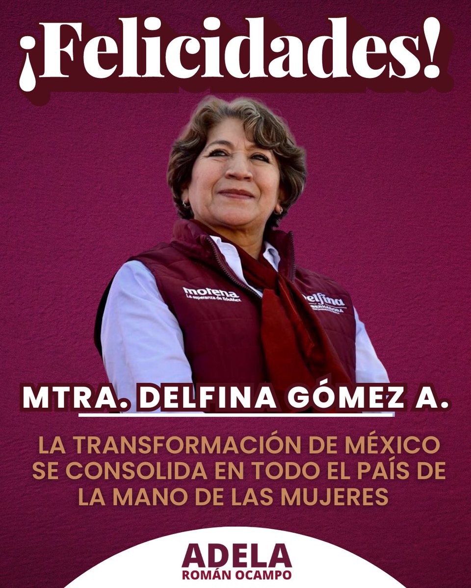En Acapulco y en Guerrero celebramos el triunfo de la compañera <a href="/delfinagomeza/">Delfina Gómez A.</a> 
Estoy segura que gobernará con los lineamientos y sentimientos de la cuarta transformación y demostrará lo que una mujer preparada y comprometida socialmente puede hacer por su gente.