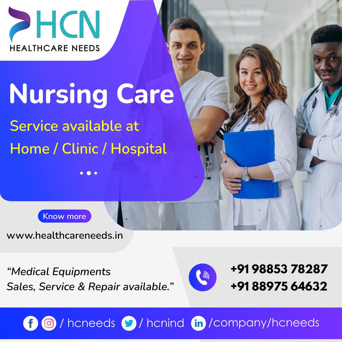 Nursing Care Service available at your home/clinic/hospital.
Medical equipment Sales, Rentals, Service and Repair available.

Nurses are the professionals who provide health care to patients as well as healthy individuals.

Know more ->bit.ly/34irmN0