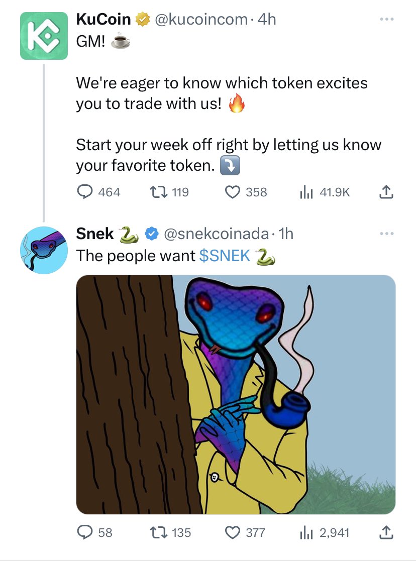 snek's tweet photo. The people have spoken 🗣

Do you think @kucoincom should list $SNEK 🐍? https://t.co/6QBkLdJqDi