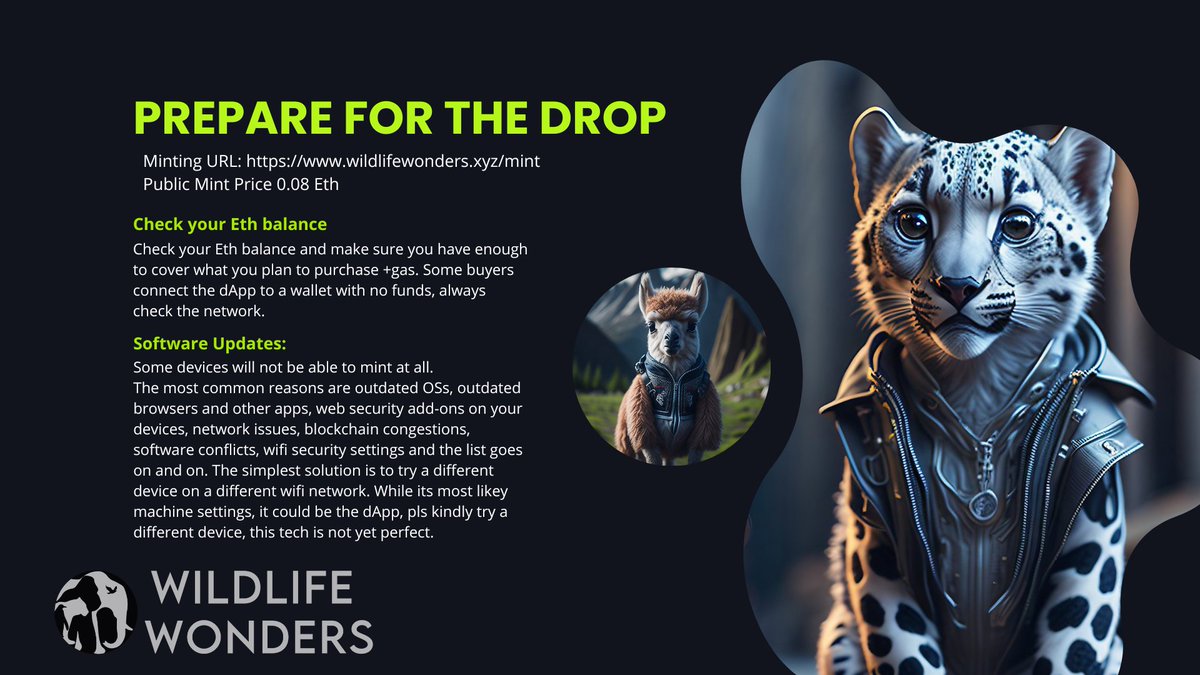 WildlifeWnders's tweet image. How to prepare for our drop
💎wildlifewonders.xyz/mint

#nft #NFTCommunity #wildlife #digitalcollectibles 
#ethereum