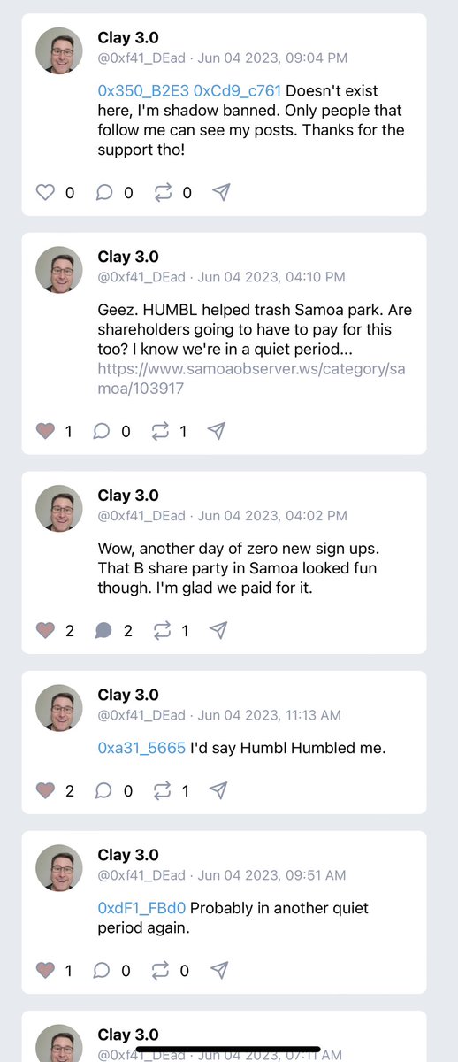 OpendoorHodler's tweet photo. Clay was shadow banned from #HumblSocial simply for asking questions…. Wow. $hmbl #humbl #hmbl #Censorship #1stAmendmentViolation #Scam #PumpAndDump #Fraud https://t.co/DQVO7L6jBz