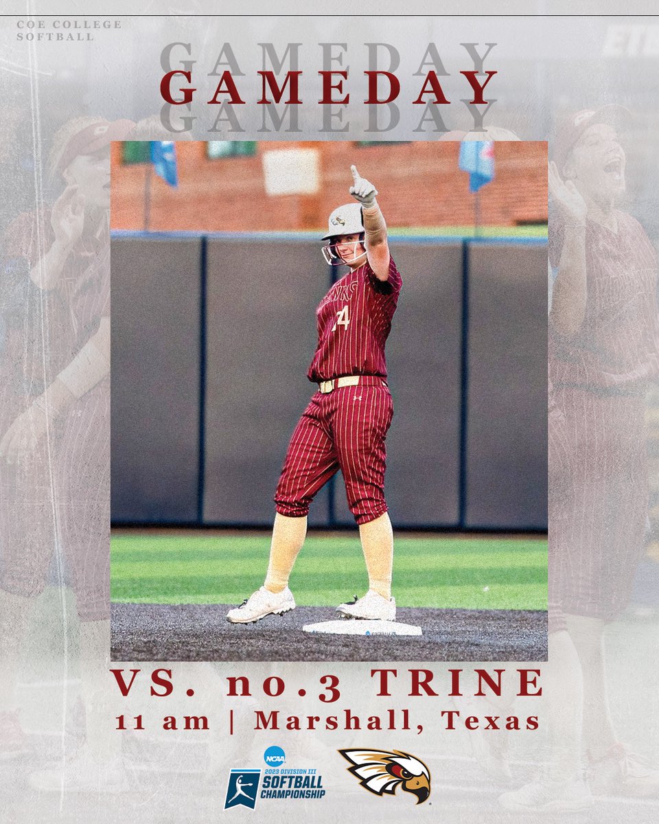 🥎@CoeSoftball Gameday❗️

𝐎𝐧𝐞 𝐠𝐚𝐦𝐞 𝐭𝐨 𝐫𝐞𝐚𝐜𝐡 𝐭𝐡𝐞 𝐭𝐢𝐭𝐥𝐞 𝐬𝐞𝐫𝐢𝐞𝐬. ☝️

🆚Trine
⏰11 AM
📍Marshall, Texas 
🏟️Bell Park at Taylor Field 
📺bit.ly/3MPaNuq
📊bit.ly/3N4Lgyy

#KohawkNation | #D3SB