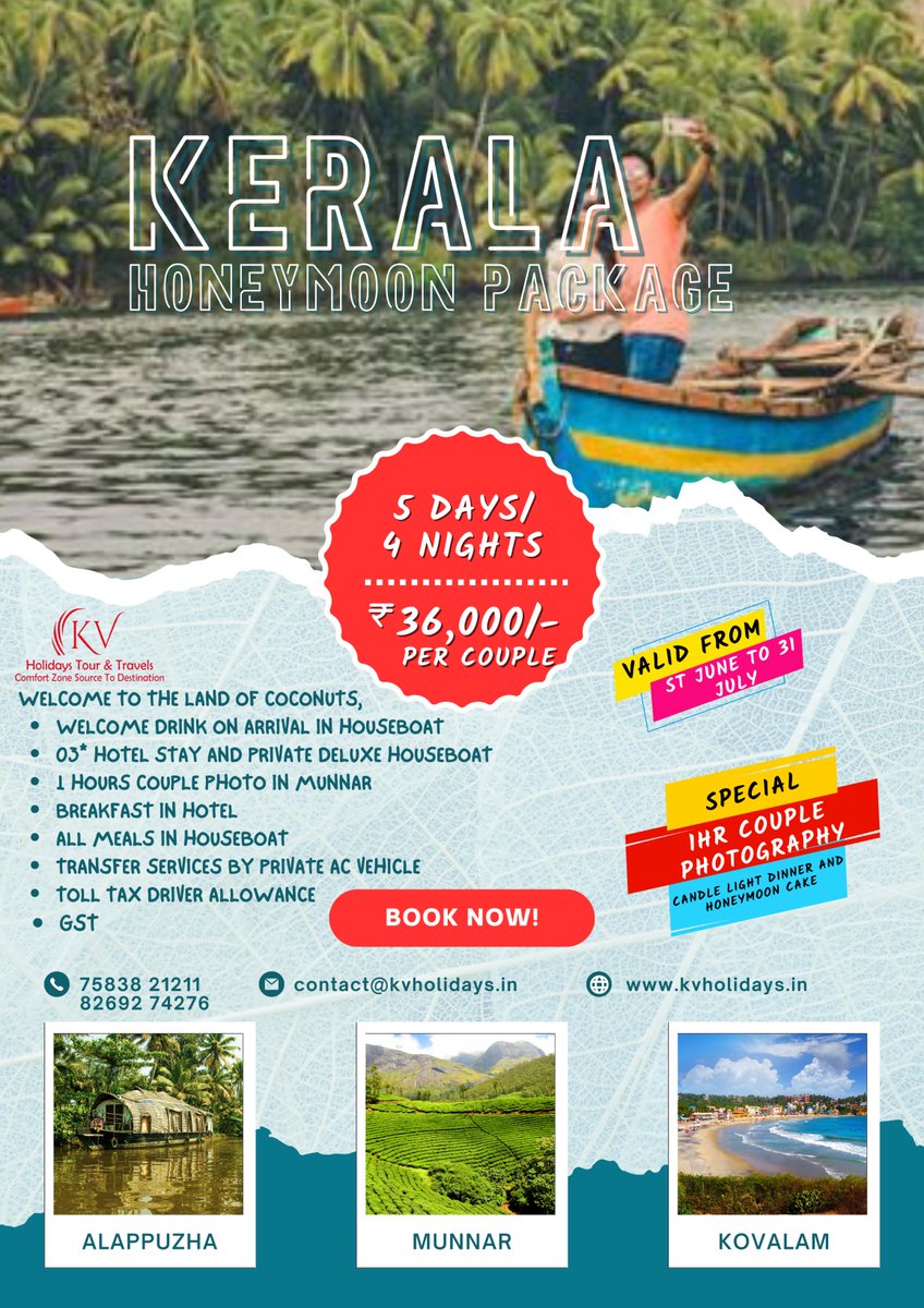 kvholidays_'s tweet photo. Book Your Kerala Honeymoon With Us
4 Nights 5 Days Stay in 3* Hotels
From Cochin to Cochin
Mail us at: contact@kvholidays.in
Call Us:+91- 8269274276, 0755 - 3100875
#kvholidaystourandtravels #kvholidaystourtravels #kvtourandtravels
#love #karnataka #kerala #keralatourism https://t.co/Jus0qoi5AH