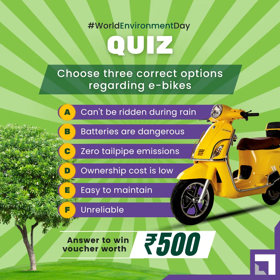 #ContestAlert This Environment Day test your electric bike knowledge and get a chance to win rewards. ✅ Follow us on all channels ✅Tag 3 friends ✅ Share the correct options and win rewards..!! 🎉 #Contest #LoanTap #announcement #ContestAlertIndia #Electricbike