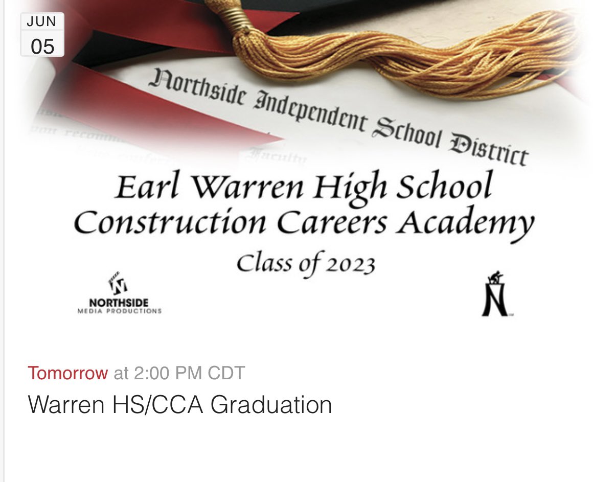 NISDWarren's tweet photo. It’s almost time!  Can’t wait to honor the Class of 2023!  Click the link below tomorrow to watch the live stream.  #WarriorNation

https://t.co/9AaAZDCRSG https://t.co/2yG6f9AeOJ