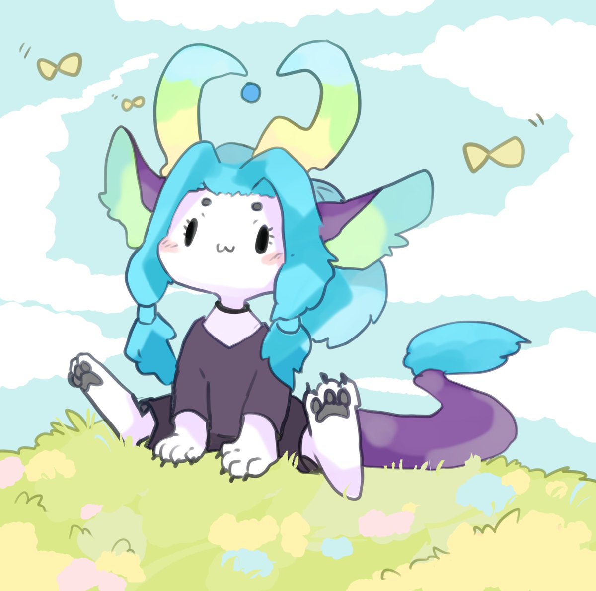 bug :3 solo butterfly sitting tail blue hair  illustration images