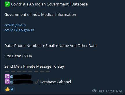 #CoWin #database is up for sale and sample has been leaked!

Data from Andhra Pradesh with records of 2,75,905!

All data includes PatientID, SampleID, Place, Name,Phone# & ResultDate are leaked!

#databreach #hack #covid #data #OSINT #darkweb #security #infosec #cybersecurity