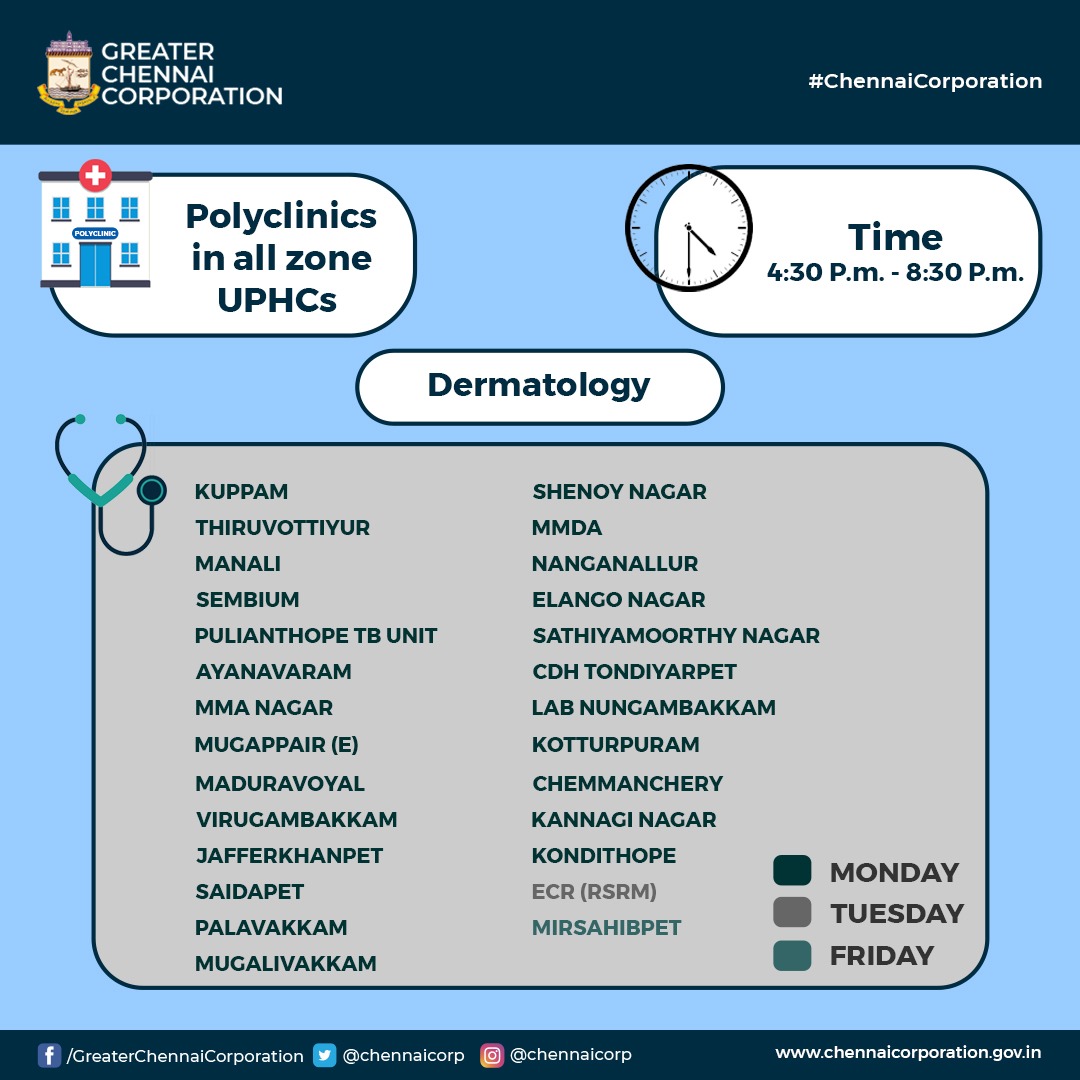 Dear #Chennai, 
The following #GCC Polyclinics will be open for General and Dermatology consulations today (05.06.23) from 4:30 PM to 8:30 PM.
Visit to take a step towards better health!
#ChennaiCorporation
#NalamiguChennai
#NammaChennaiSingaraChennai