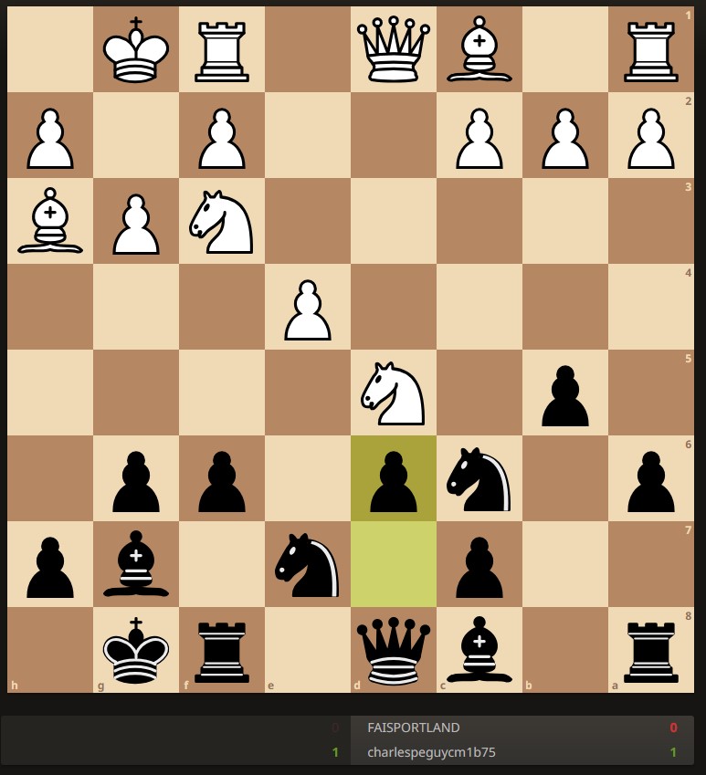 Bonjour <a href="/CM1B_Peguy/">Les CM1 B de Péguy📝</a>
Nous déplaçons notre pion de d7 à d6. Bon début de semaine! #Partie #QuotiChess <a href="/QuotiChess/">QuotiChess 🐘</a>