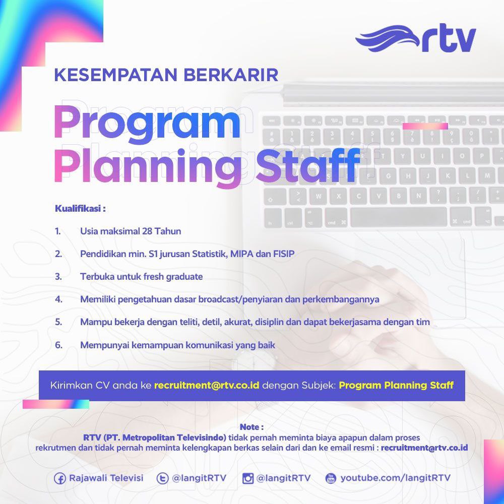 langitRTV's tweet image. RTV sedang membuka kesempatan berkarir untuk posisi Program Planning Staff. Buat kalian yang tertarik dan memiliki kualifkasi tersebut dapat langsung mengirim email ke recruitment@rtv.co.id⁣⁣
⁣⁣⁣⁣
Good luck guys!⁣⁣⁣⁣
⁣⁣⁣⁣
#karir #programplanning #apply #infolowongan