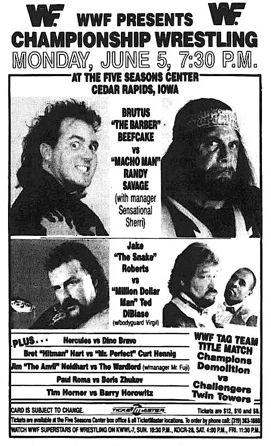 On this day in 1989: WWF Championship wrestling at the Five Seasons Center, Cedar Rapids, Iowa! 🤼 #WWF #WWE #Wrestling #JakeRoberts #TedDiBiase #BrutusBeefcake #RandySavage