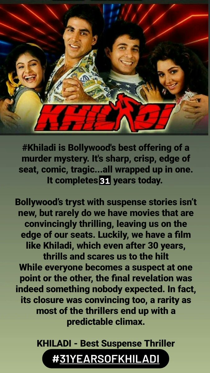 31 Years Of KHILADI - Best Suspense Thriller Ever Made In Bollywood 💥🔥

@akshaykumar @theabbasmustan #31YearsOfKhiladi