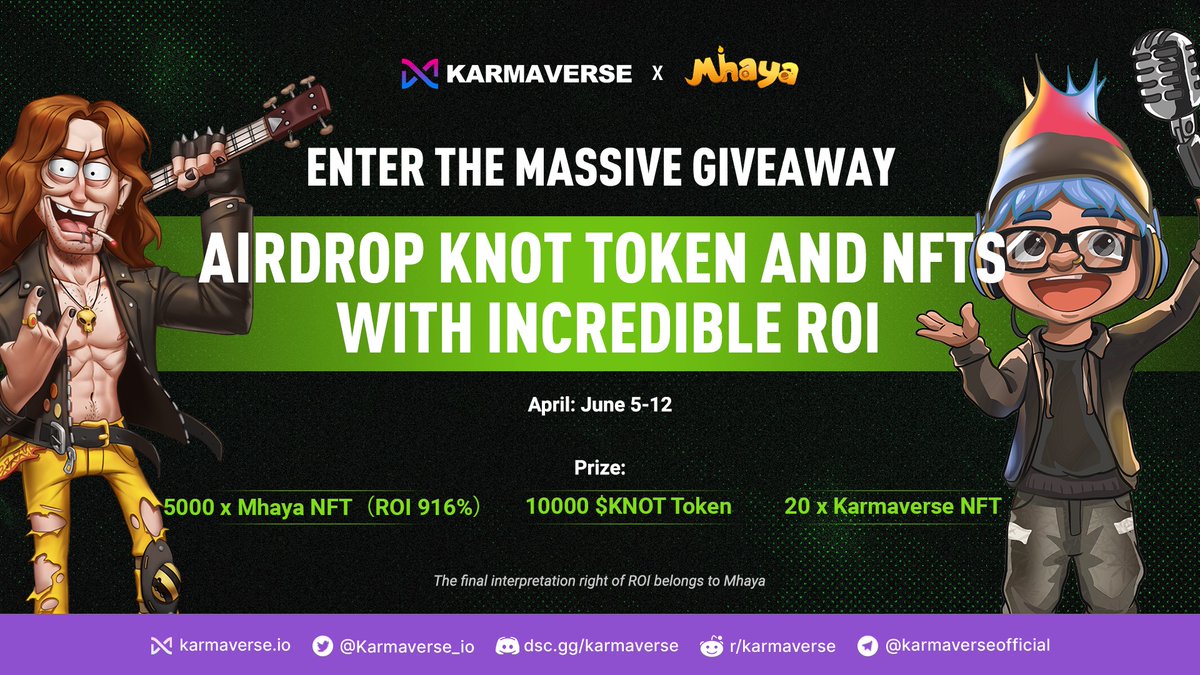 📢Celebrating #Karmaverse X @Mhaya_Official partnership with Massive #Giveaway! 💰Prize pool : 1⃣️5000 Mhaya NFTs 2⃣️10000 $KNOT ( = $200) 3⃣️20 Karmaverse NFTs 📍Click denet.me/m/lXN0ER to join 📍Join Telegram to secure your NFT spots : t.me/MhayaAirdropBot