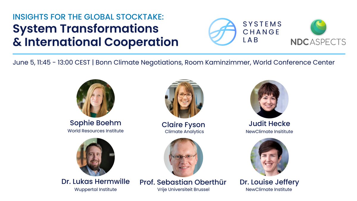 Watch today’s #SystemsChangeLab &amp; @NDCAspects discussion with CAT's <a href="/CFyson/">Claire Fyson</a>, <a href="/judithecke/">Judit Hecke</a> and <a href="/louisejeffery/">Louise Jeffery</a>  on sectoral insights for the #GlobalStocktake at 11:45 AM CEST. 
Tune in here ➡️ youtube.com/watch?v=wFlo5a…
Or join us at #BonnClimateConference!