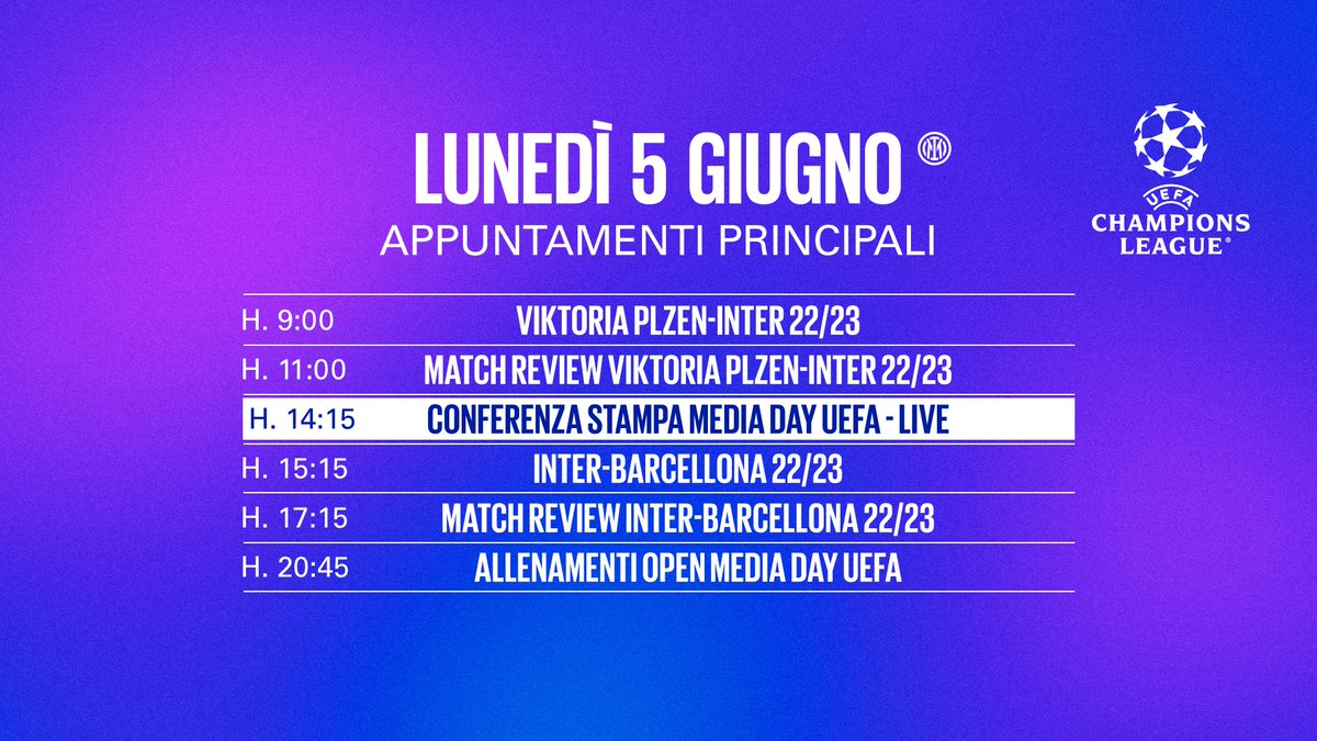 ➡️ SI PARTE! Inizia la settimana di avvicinamento alla #UCLfinal 🌟 ⌚️ Alle 14:15 la conferenza stampa di Simone Inzaghi 🎙️ 📺 In onda su @Inter_TV 👉bit.ly/3QBRYLi 📱 YouTube e Twitch 👉 tiny.cc/mgp7vz 💻 Inter.it 👉 bit.ly/44HVKef