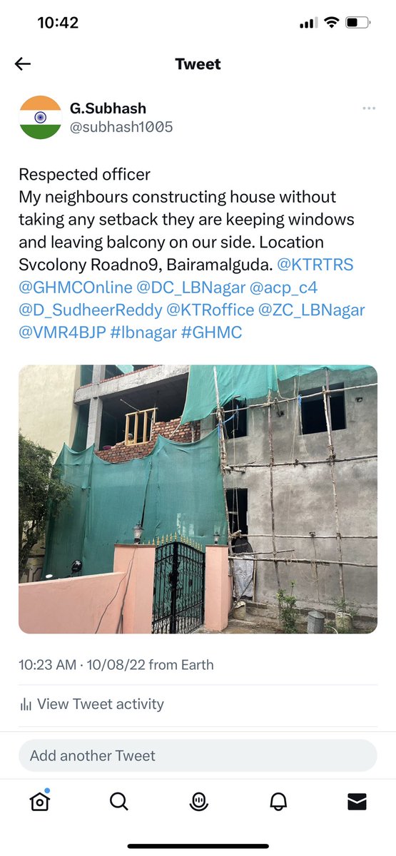 subhash1005's tweet photo. Respected officer 
You ordered to close windows to our neighbours, now again they broke window wall and installing windows please take necessary action. 
@GHMCOnline @CommissionrGHMC @ZC_LBNagar @acp_c4 @KTRBRS @KTRoffice @TelanganaCMO @GadwalvijayaTRS 
Thanks https://t.co/SRdonUiFIc