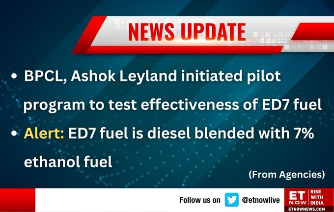 ETNOWlive's tweet image. Just In | BPCL, Ashok Leyland initiated a pilot program to test the effectiveness of ED7 fuel which is a blend of diesel and 7% ethanol fuel (From Agencies) 

#EthanolFuel #Diesel @BPCLimited @ALIndiaOfficial