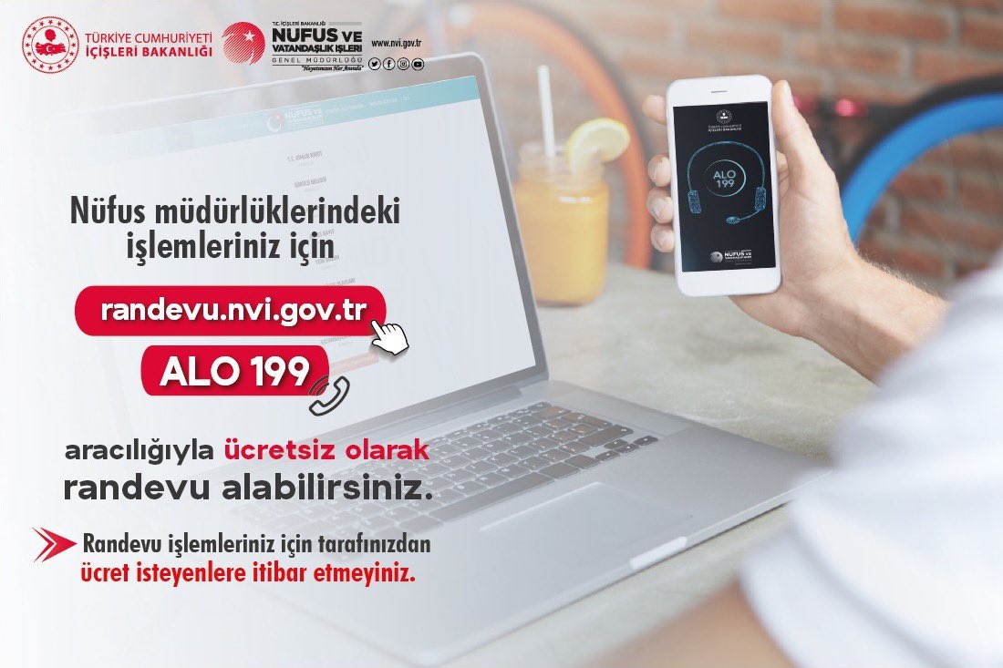 Nüfus işlemleriniz için randevunuzu web sitemizden, mobil uygulamamızdan, nüfusmatiklerden ve çağrı merkezimizden ücretsiz alabilirsiniz . Nüfus hizmetleri için randevu alma ve işlem yapma için ücret talep edenlere itibar etmeyiniz.Yeni haftaya Bismillah <a href="/AliYerlikaya/">Ali Yerlikaya</a> <a href="/TCNufus/">Nüfus ve Vatandaşlık İşleri Genel Müdürlüğü</a>