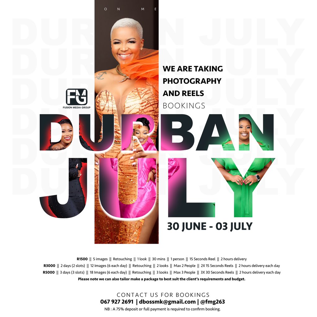 fmg263's tweet photo. We are taking bookings for Durban July 
#photography #durbanjuly 
@DJTira @ILuvDBN @DurbanJulyVIP https://t.co/EXtYStzvZW