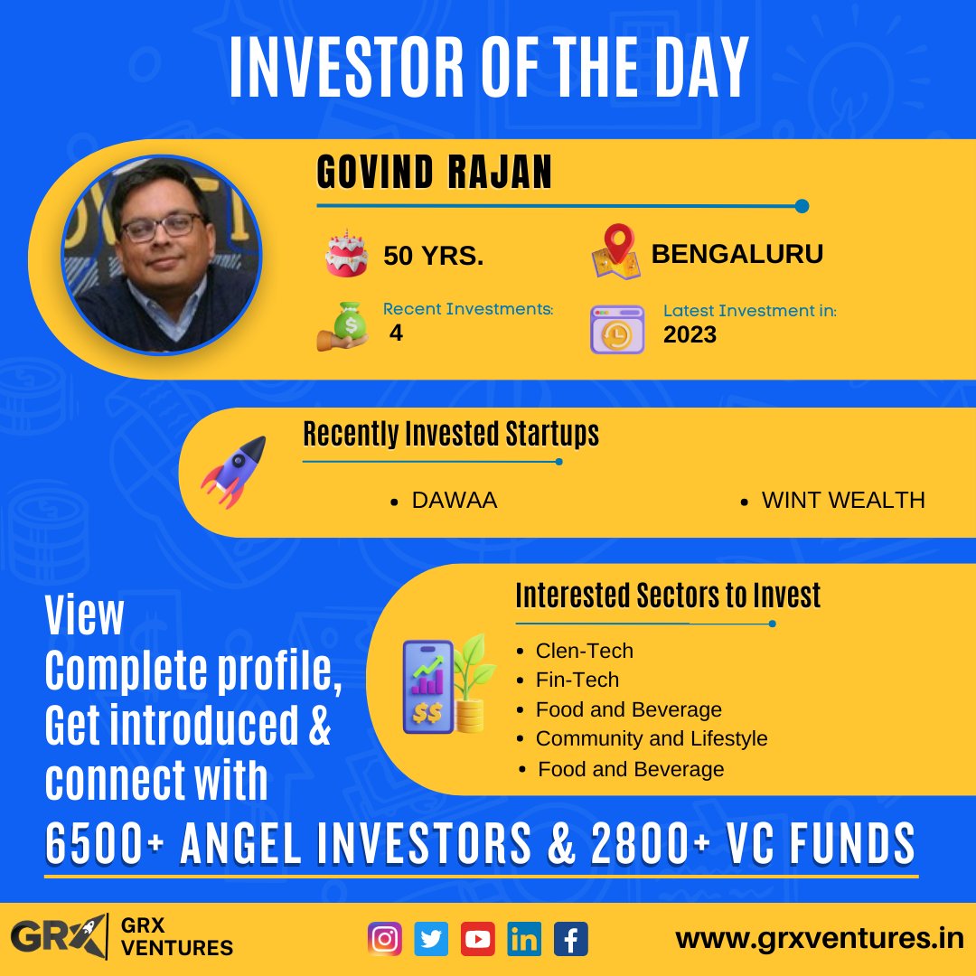 Introducing Govind Rajan, a 50-year-old #investor from Bengaluru. His latest #investment in 2023 is in Kolkata-based #startup Dawa Dost. Connect with him and expand your network with thousands of other #investors 
#Greventures
#InvestorSpotlight
#StartupInvestments
#AngelInvestor