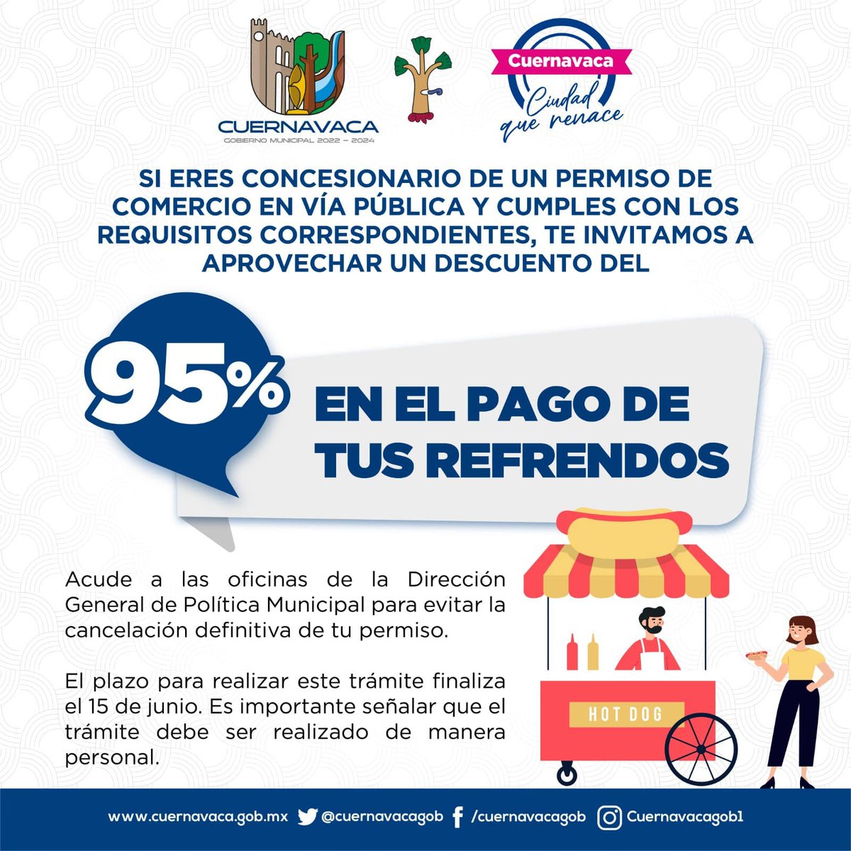 ATENCIÓN COMERCIANTE❗️15 de junio último día para realizar este trámite. Acércate a la Dirección General de Política Municipal en la sede Papagayo del Ayuntamiento de #Cuernavaca.

Más información👉 t.ly/1Ry1