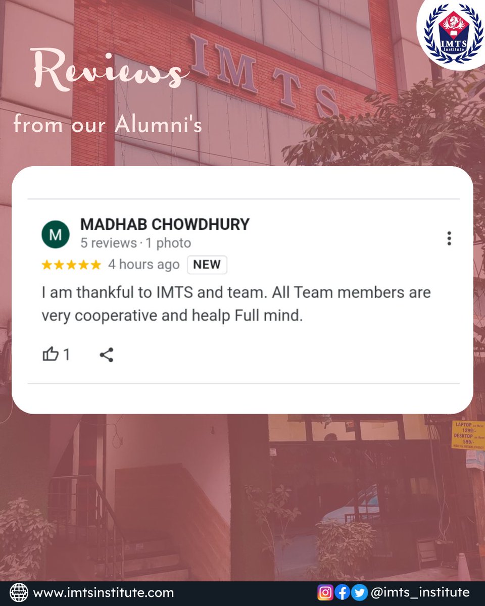 IMTSINSTITUTE's tweet photo. Review from our one of Alumni on Google, Website link in bio-
Follow us for more- @IMTSINSTITUTE
#IMTSReview #Testimonial #AlumnisReviews #Feedback #Servicefeedback https://t.co/StRLwvKZbl