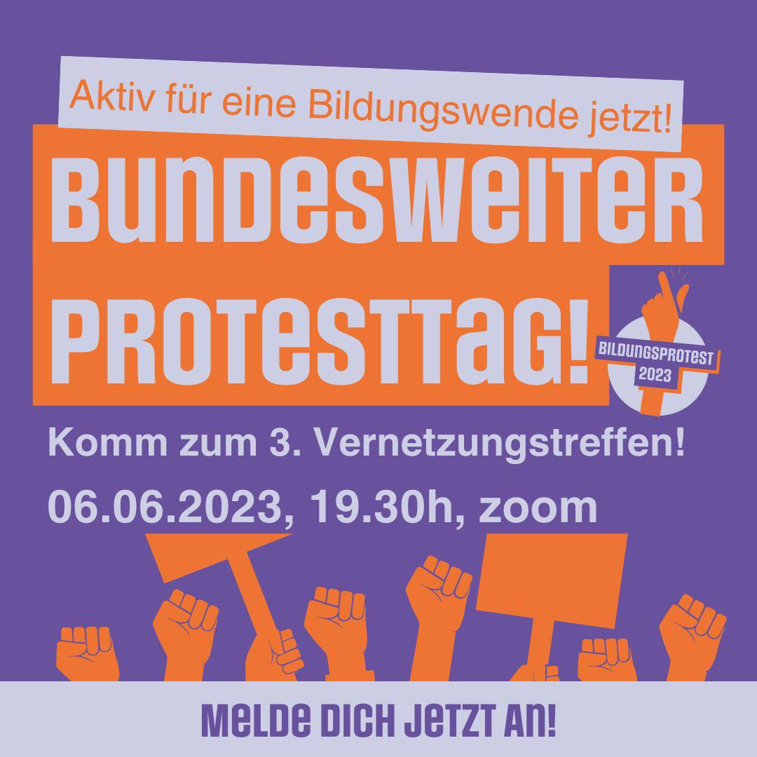 3. Vernetzungstreffen für den bundesweiten #Bildungsprotesttag2023
Di. 6.6. 19:30-21 Uhr
Komm dazu und werd aktiv für die #Bildungswende! #twlz 
Hier geht's zum Teilnahmelink
👇
schule-muss-anders.de/event/3-bundes…