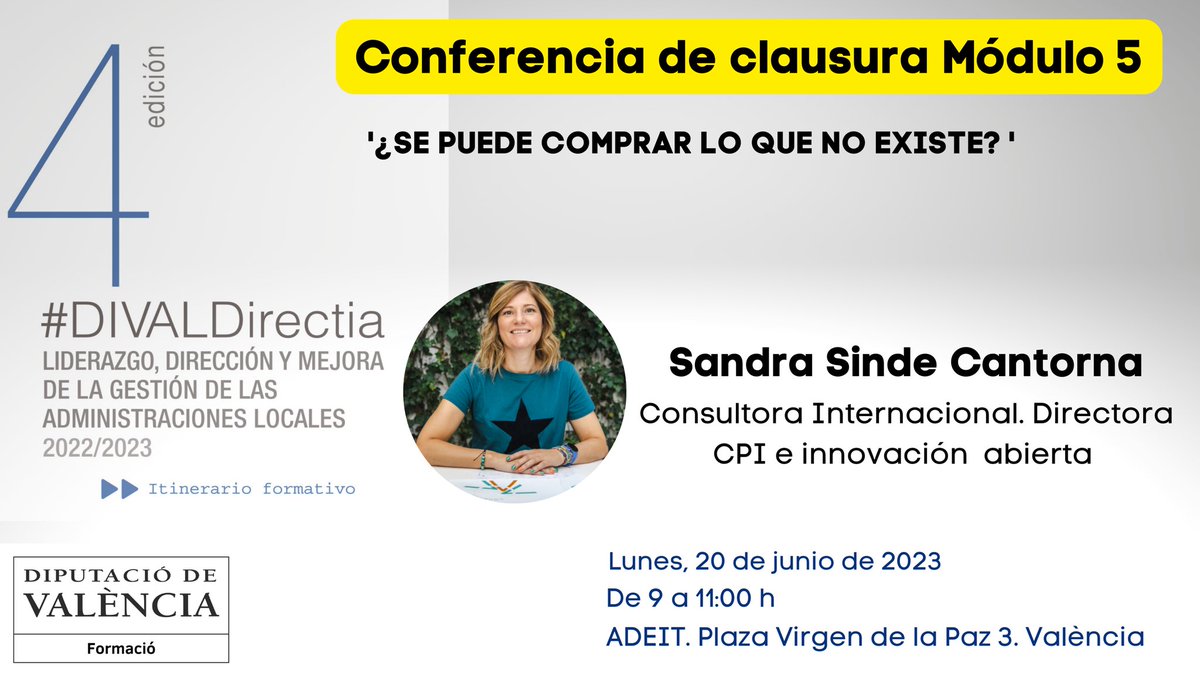 DIVALDirectia LIDERAZGO & INNOVACION |
@formacioDIVAL inicia Módulo 5 vía @NavarreteEva & me
🔵@AnaBaezF El arte de innovar
🔵@FerminCerezo Aprende a innovar y cambiar las #AAPP
🔵@ssinde19 Comprar lo que NO existe: #CPI , Compra Pública Emprendedora y Govtech 
#DireccionPublica