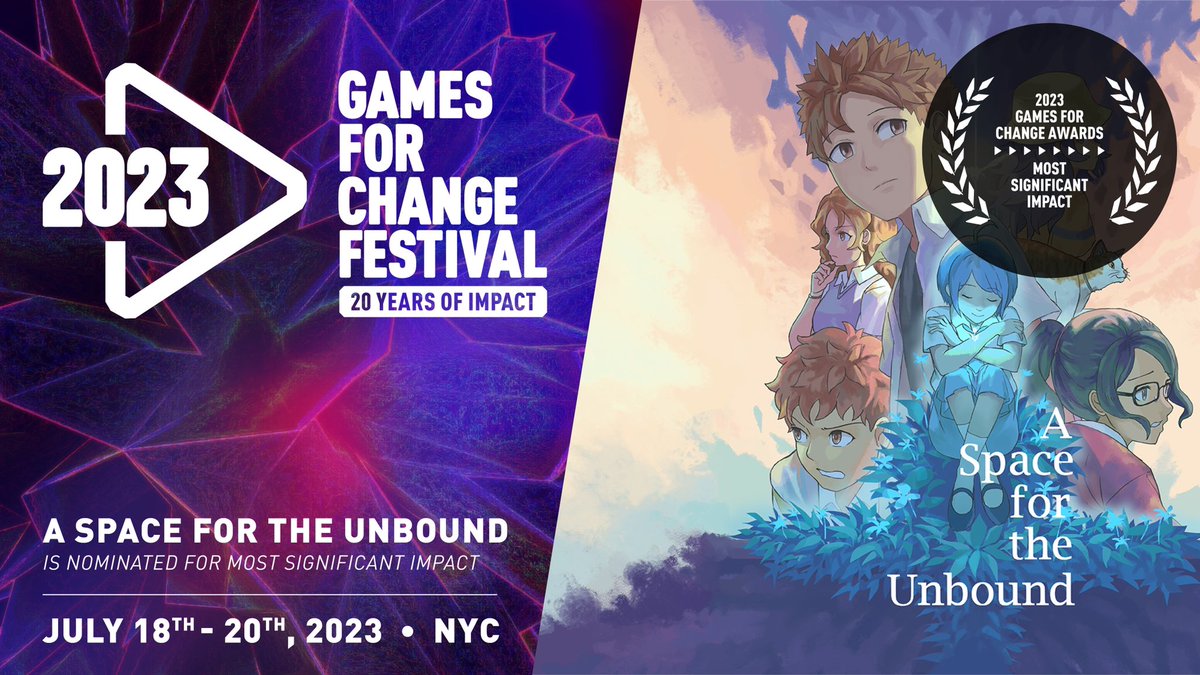 Exciting news! 🎉

A Space for the Unbound is a finalist for the @G4C Awards in the Most Significant Impact category! Join us at #G4C2023 from July 18-20 and keep your fingers crossed for a win!

Discover more here ▶️ bit.ly/G4C2023
