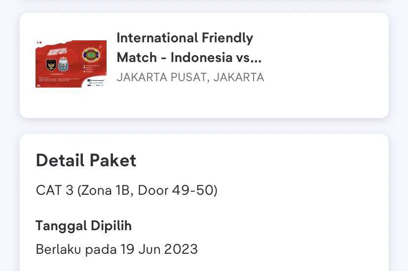 wts // want to sell

international friendly match day: indonesia vs argentina

CAT 3 (Zona 1B, Door 49-50)

fee 300k! 1 tiket

t. fifa jual tix indo messi https://t.co/Ht1loXWwHh