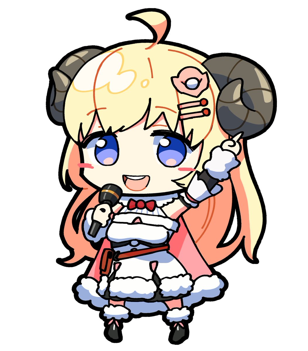 tsunomaki watame 1girl solo blonde hair chibi horns ahoge long hair  illustration images