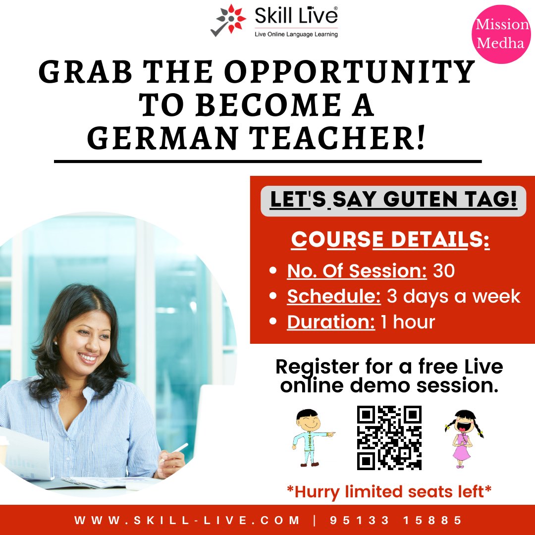 Skill_Live_INT's tweet image. Are you passionate about German &amp;amp; French?

Open doors to becoming a foreign language educator by signing up for a free demo session.

Scan the code or contact us for more details: 9513315885
#foreignlanguagecourse #missionmedha #foreignlanguageinstitute #onlinelanguagecourse
