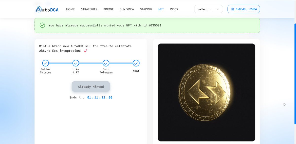 🛠Mint Free AutoDCA zkSync Soulbound NFT

👉autodca.io/nft

There is not benefits revealed yet, Just Mint it and i only pay 0.6$ tx gas fees. ✅

AutoDCA is a platform where you can swap crypto into your favorite tokens using DCA strategies. We aim to provide unique…