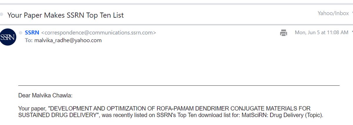 I am thrilled to announce that my research paper has recently been listed on SSRN's Top Ten download list for MatSciRN: Drug Delivery (Topic)!

<a href="/SSRN/">SSRN</a> #PhDVoice
<a href="/PostdocVoice/">PostdocVoice</a> <a href="/workingbnb/">Academic Chatter</a> @_Academicme <a href="/AcademicChatter/">Academic Chatter™</a> <a href="/MindfulAcademix/">Mindful Academics</a>