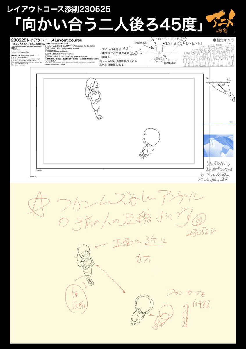 レイアウトコース添削230525「向かい合う二人後ろ45度」 ●真上から見た体の圧縮