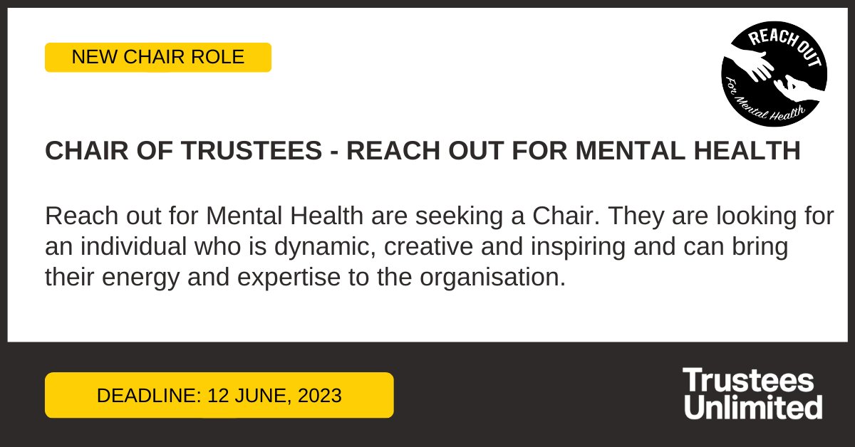 *** NEW CHAIR ROLE *** 

@ReachOutFMH is seeking a Chair.

Deadline: 12 June

More info: ow.ly/eAP050NNJgA

#Leadership #Governance #CharityTrustee #TrusteeRole #Trustee #GoodGovernance #Charity #CharityRole #CharityJob