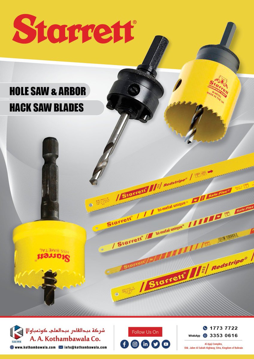 AAKothambawala's tweet image. STARRETT Products

Available with A.A. Kothambawala Co.

#starrett #holesaw #arbor #hacksawblades #hardware #products #construction #industrial #projects #available #bahrain #sitra
